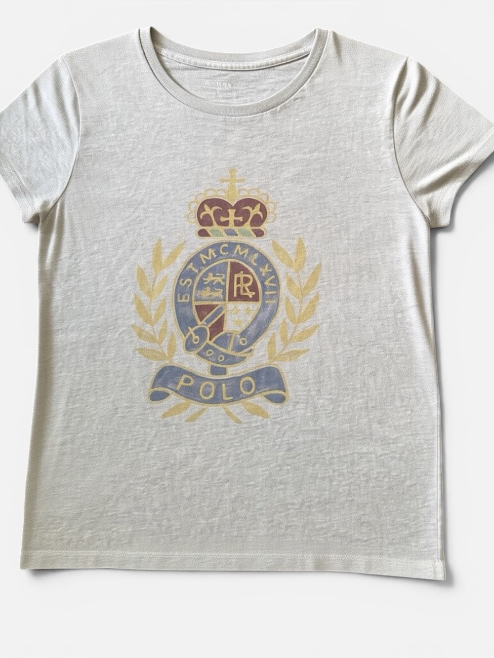 Polo Sz S Heather Gray T-shirt distressed crest graphic logo Women’s | GUC